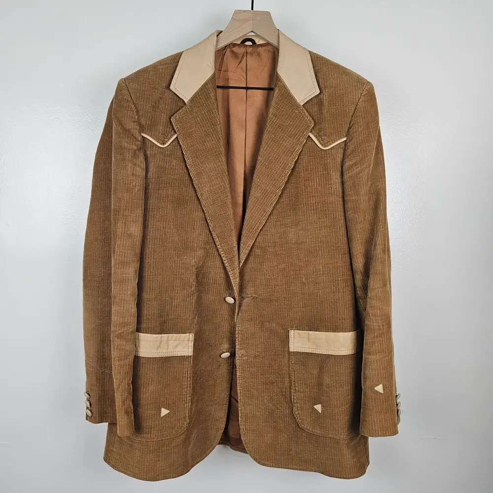 Vintage Pioneer Wear Corduroy Leather Western Sport Coat Jacket‎ Men's 42 Tan